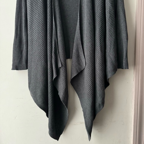 Eileen Fisher | Gray Wool Ribbed Angle Front Waterfall Cardigan - Picture 6 of 11